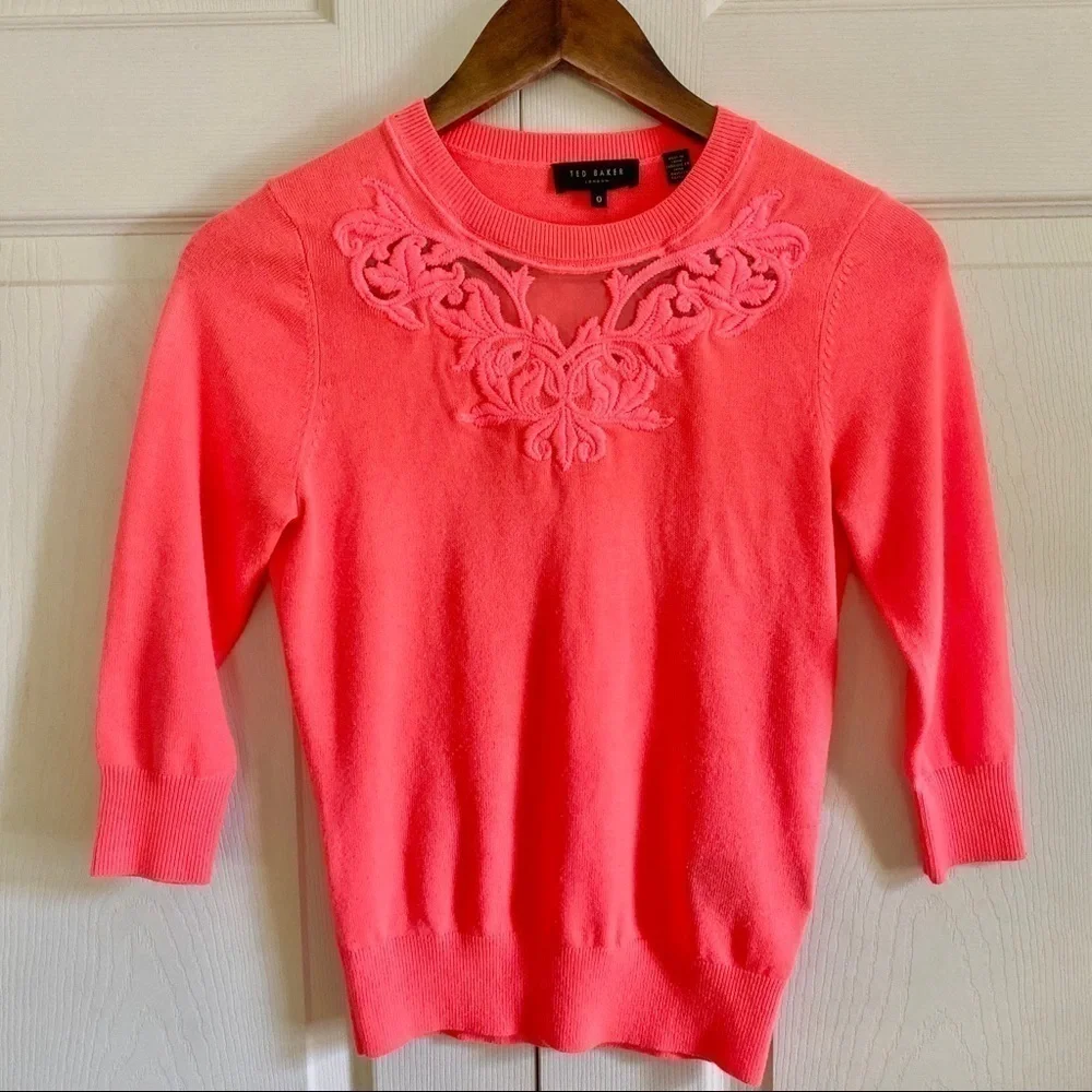 Ted Baker Hot Coral Lace Neck 3/4 Sleeve Sweater
